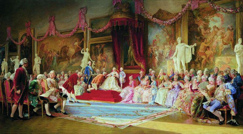 Inauguration of the Russian Academy of Arts, presided by Catherine The Great, July 7th, 1765, by Valery Ivanovich Jacobi (1834-1902) painted in 1889, Musée du Louvre, Paris.